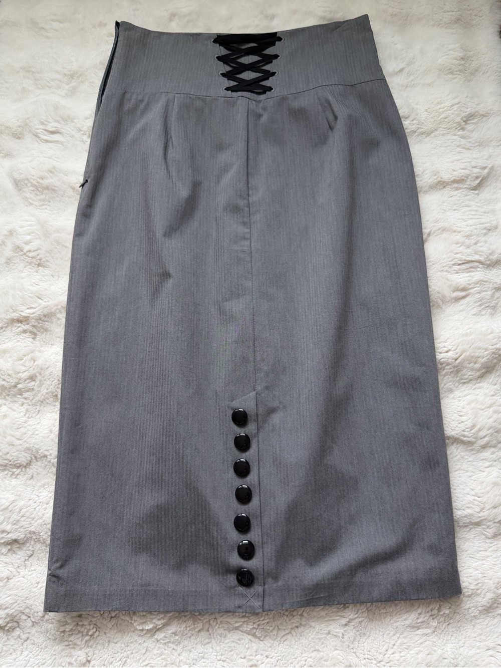 Victorian Style Worthington High Waist Midi Gray Pencil Skirt with Black Trim-8 - Picture 6 of 15